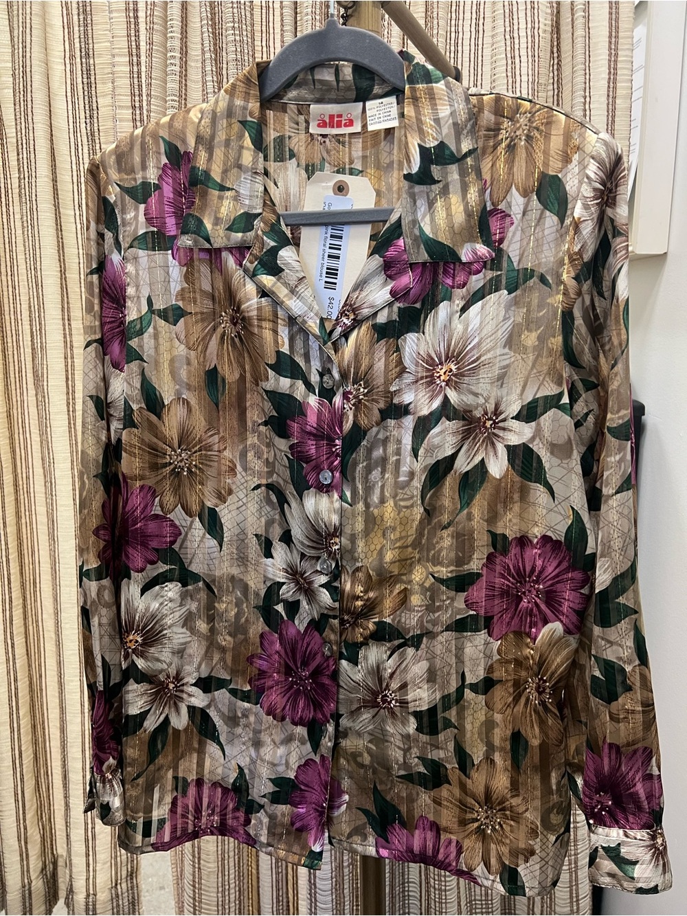 Vintage Alia Floral Button-Front Women's Sheer Top in Mauve, Gold & Cream